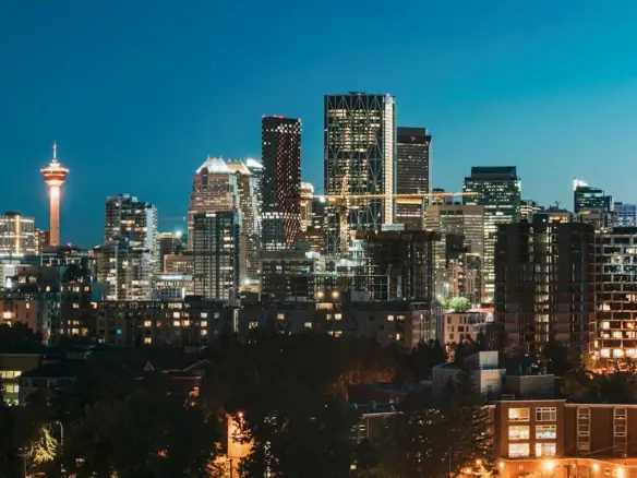 Calgary skyline at dusk with the Calgary Tower