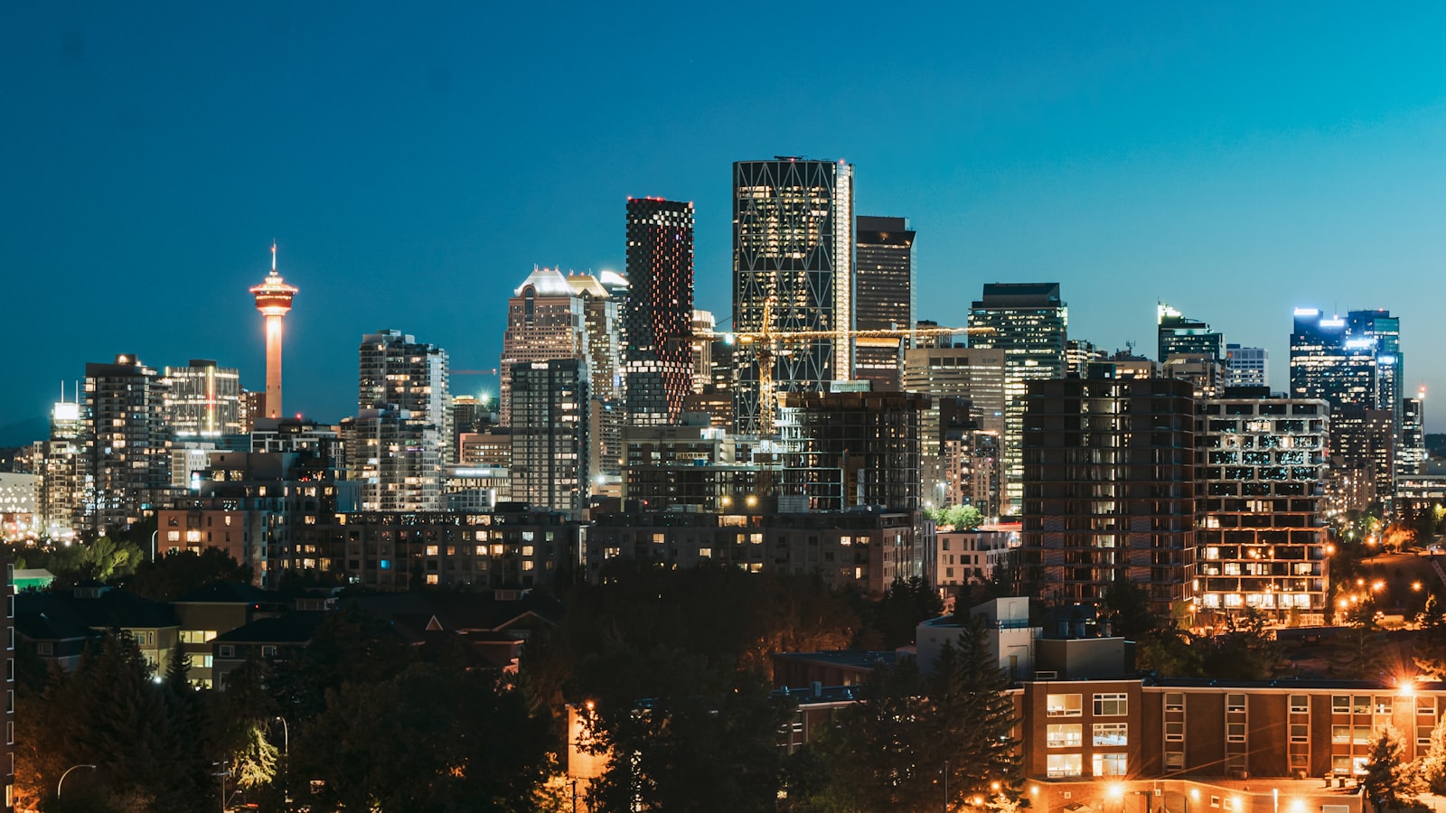 Calgary skyline at dusk with the Calgary Tower