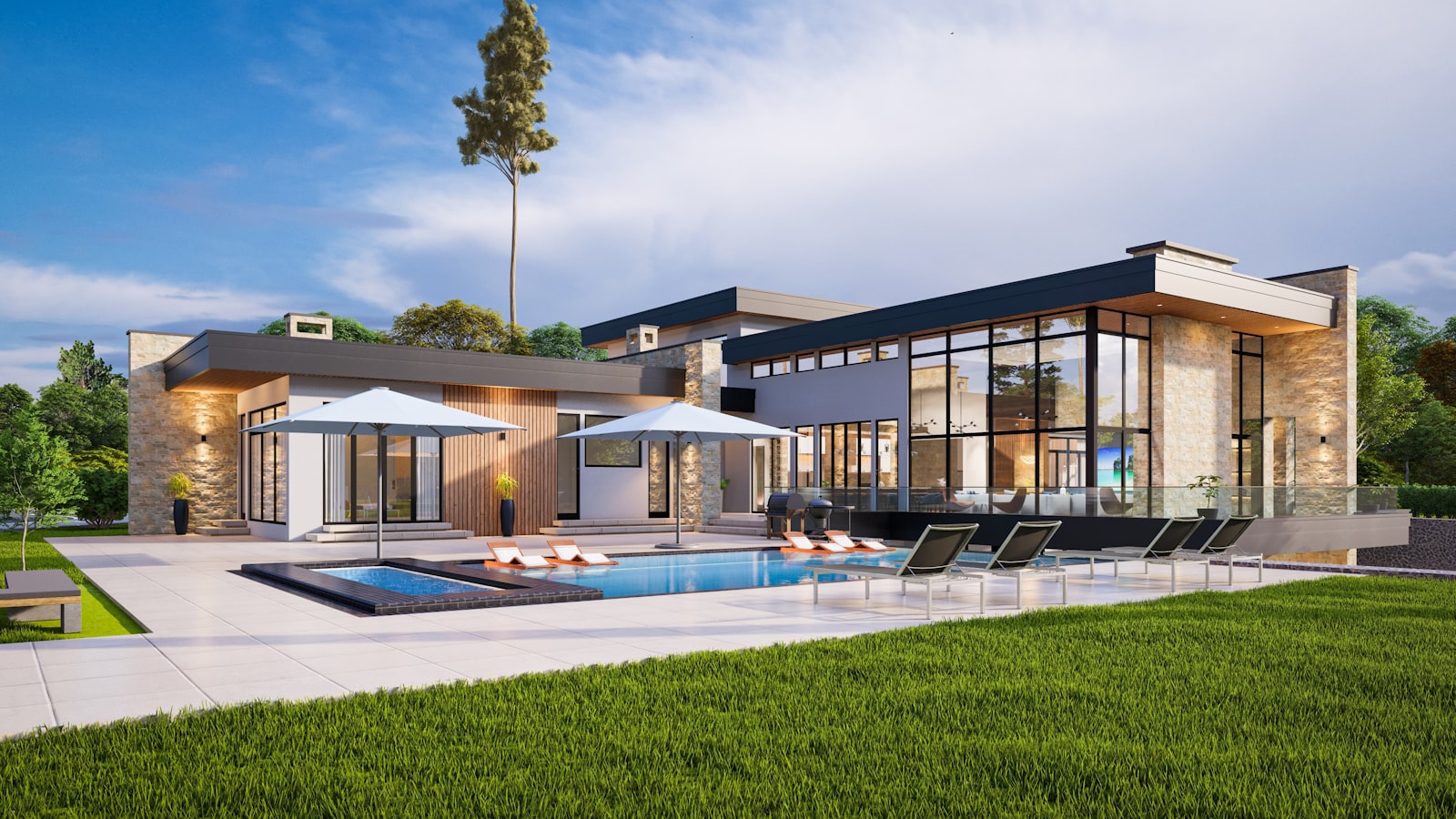 Modern executive home exterior with landscaped grounds